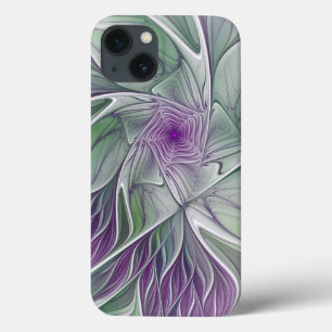 Etui iPhone 13 Rêve de fleurs, Abstrait violet vert Fractal Art