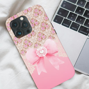 Coque iPhone 15 Pro Max Ribbon et dentelle Rose rose Fille Vintage