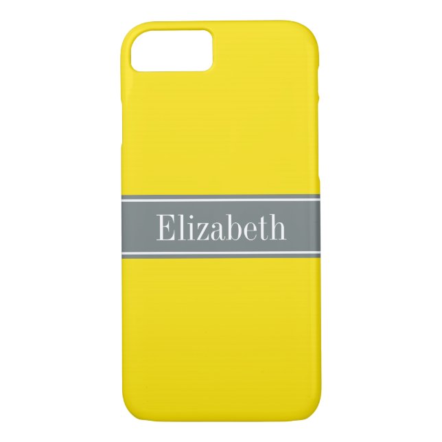 Coques Case-Mate iPhone Ribbon jaune uni, gris charbon Nom Monogramme (Dos)