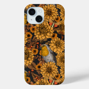 Coque Pour iPhone 15 Robins dans le jardin d'automne sur noir