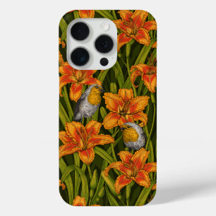 Coque iPhone 15 Pro Robins et fleurs de lys, orange et vert foncé