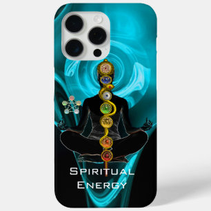 Coque iPhone 15 Pro Max ROD ASCLEPIUS,7 CHAKRAS YOGA LOTUS POSE Bleu