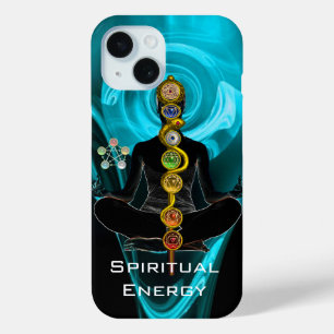 Coque Pour iPhone 15 ROD ASCLEPIUS,7 CHAKRAS YOGA LOTUS POSE Bleu