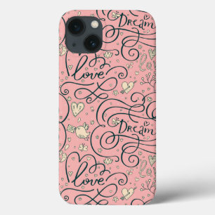 iPhone 13 Coque Romantic Pattern with Hearts and Birds