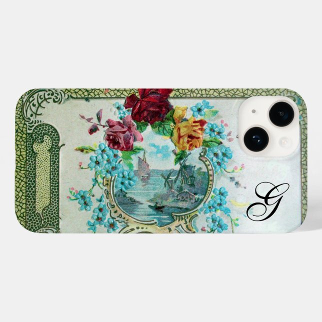 Coques Case-Mate iPhone ROMANTICA Roses rouges, Monogramme floral marin (Verso (horizontal))