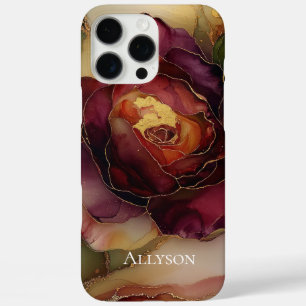 Coques iPhone 16 Pro Max Romantique Chic Rose Rouge Bourgogne Or Floral