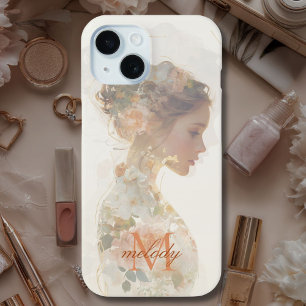 Coque Pour iPhone 15 Romantique Floral Femme Silhouette Personnalisé Mo