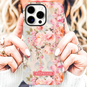 Coques iPhone 16 Pro Max Romantique Nom Floral Rose et Pêche