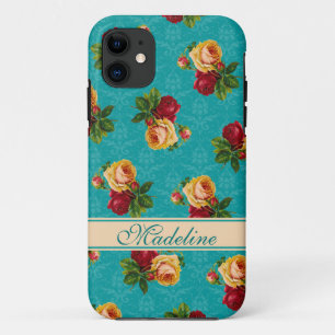 Coque iPhone 11 Romantique Red Peach Rose Motif Turquoise Damask