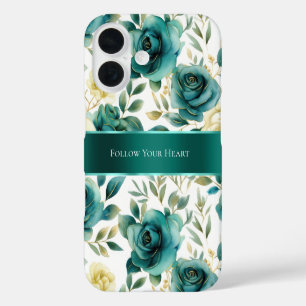 Coque Pour iPhone 16 Romantique Turquoise Green Cream Rose Floral