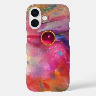 COQUE POUR iPhone 16 ROSE BLEU ABSTRAIT AVEC 3D RED RUBY GEMSTONE