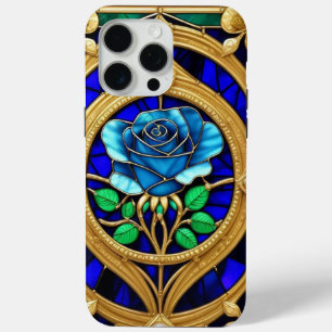 Coque iPhone 15 Pro Max Rose Bleue Dorée dans un Cadre Décoratif