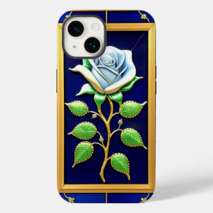 Coque Pour iPhone 14 Rose Bleue Dorée dans un Cadre Décoratif