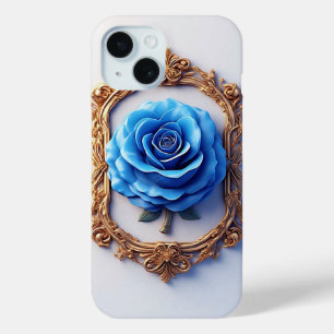 Coque Pour iPhone 15 Rose Bleue Élégante Affichée dans un Cadre Doré Or