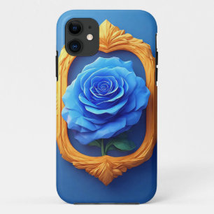 Case-Mate iPhone Case Rose Bleue Élégante Affichée dans un Cadre Doré Or
