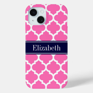 Coque Pour iPhone 15 Rose Chaud2 Blanc Marocain #5 Bleu Marine Monogram