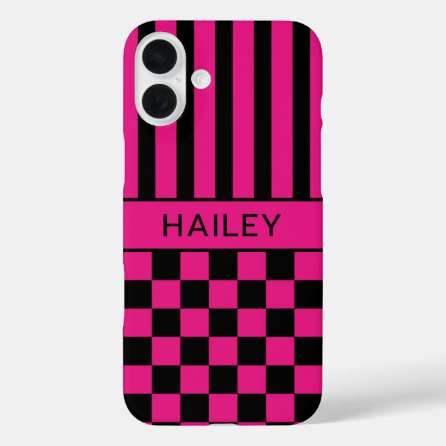 Coques Case-Mate iPhone Rose Chaud et Noir à Carreaux Rayé Personnalisé (Verso)