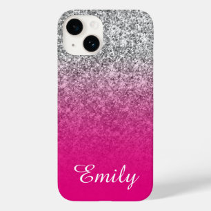 Coque Pour iPhone 14 Rose Chaud et Paillettes Argent Ombré Personnalisé