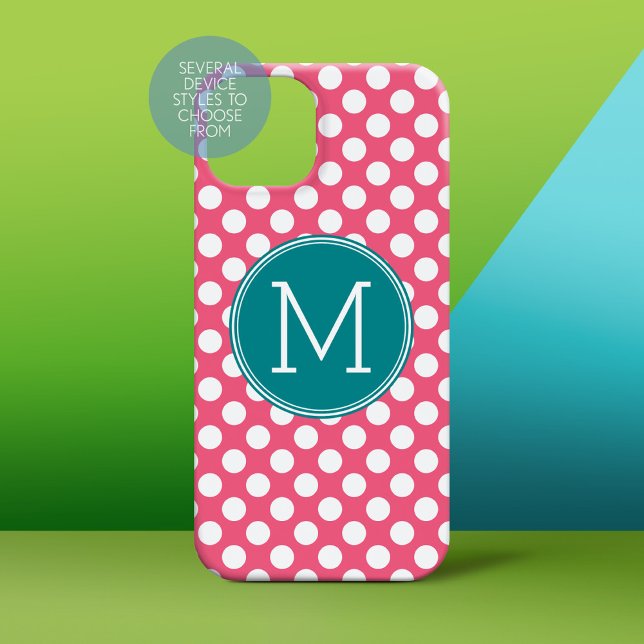 Coques Case-Mate iPhone Rose chaud et Pois Turquoises avec Monogramme pers (Personalized Phone Case)