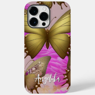 Coque Pour Pour iPhone 14 Pro Max Rose Chaude et Floue Papillon Doré Personnalisé