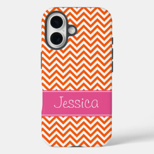 Coque Pour iPhone 16 Rose chic orange de Chevron personnalisé