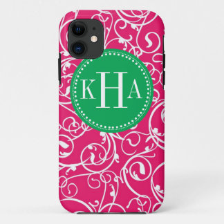 Coques Pour iPhone Rose de baie et motif vert de monogramme de
