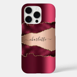 Coques iPhone 16 Pro Rose de Bourgogne or agate marbre nom script