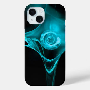 Coque Pour iPhone 15 ROSE DE FRACTAL BLEU AQUA turquoise EN NOIR