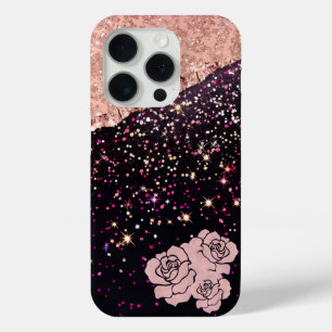 Coque iPhone 15 Pro Rose de verre Parties scintillant noire Roses