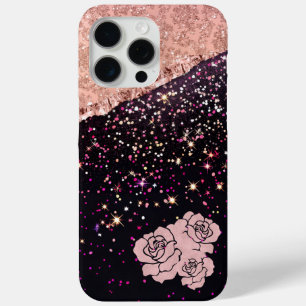 Coque iPhone 15 Pro Max Rose de verre Parties scintillant noire Roses