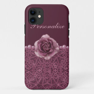 Coques Pour iPhone Rose, dentelle et perles élégants de pourpre