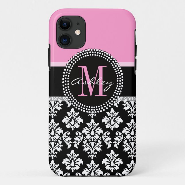 COQUES Case-Mate iPhone ROSE, DOMMAQUES NOIRS, VOTRE MONOGRAMME, VOTRE NOM (Dos)