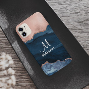 Coque Pour iPhone 15 Rose d'or Marine Bleu Abstrait tendance