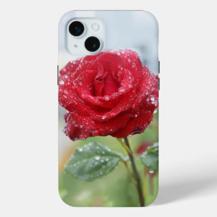 Coque iPhone 15 Mini Rose en gouttes de pluie