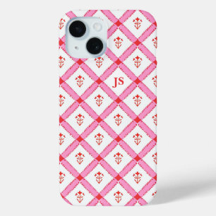 Coque Pour iPhone 15 Rose et motif rouge girly avec initiales