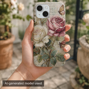 Coque Pour iPhone 15 Rose et Papillon Rose Vintage Shabby Chic