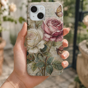 Coque Pour iPhone 15 Rose et Papillon Rose Vintage Shabby Chic