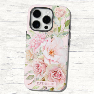 Coques iPhone 16 Pro Rose Fleur Florale Aquarelle Rose Blush Monogramme