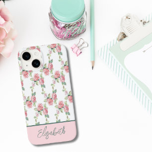 Coque Pour iPhone 14 Rose florale de verdure rose Monogram