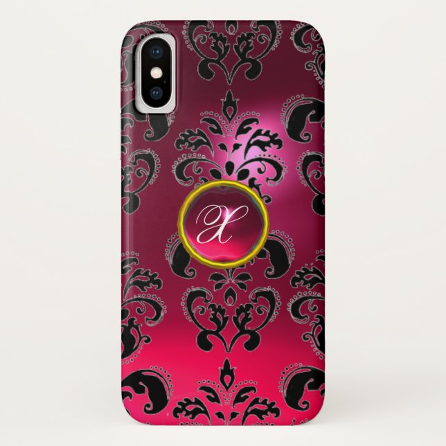 COQUES Case-Mate iPhone ROSE FUCHSIA BLACK DAMASK MONOGRAMME EN PIERRE DE  (Dos)
