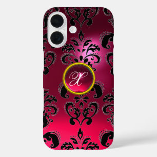 COQUE POUR iPhone 16 ROSE FUCHSIA BLACK DAMASK MONOGRAMME EN PIERRE DE