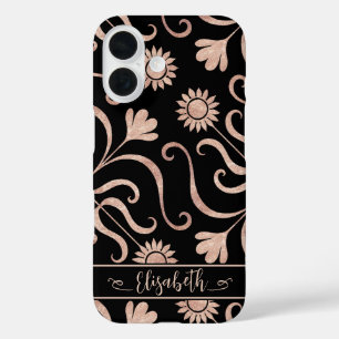 Coque Pour iPhone 16 Rose Gold & Black Floral Damask Sunflower Folk Art