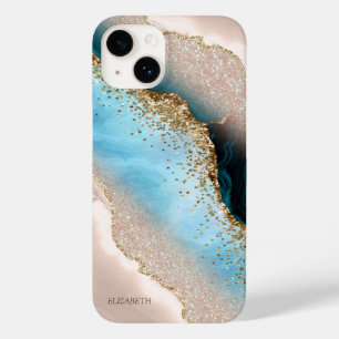 Coque Pour iPhone 14 Rose Gold Glitter Turquoise Marbre Élégant   