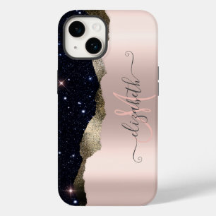 Coque Pour iPhone 14 Rose Gold Monogramme Pailleté Noir Moderne