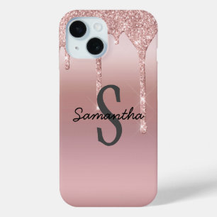 Coque Pour iPhone 15 Rose Gold Monogramme Pailleté Tendance Rose Pâle