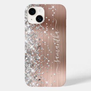 Coque Pour iPhone 14 Rose Gold Pailleté Argent Glamour Féminin Signatur