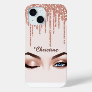 Coque Pour iPhone 15 Rose Gold Pailleté Dégoulinant Avec Maquillage Fém