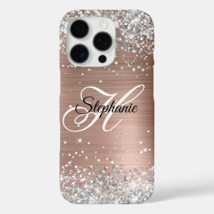 Coques iPhone 16 Pro Rose Gold Paillette Argent Monogramme Fantaisie
