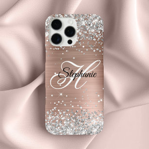 Coques iPhone 16 Pro Max Rose Gold Paillette Argent Monogramme Fantaisie