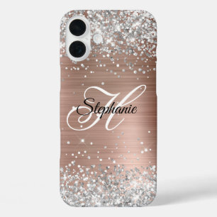 Coques iPhone 16 Plus Rose Gold Paillette Argent Monogramme Fantaisie